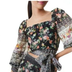 Alice and Olivia Clarabelle Black Floral Print Blouse Top Size L Spring Summer